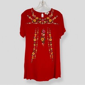 Umgee Size Small Red Colorful Floral Embroidered Tunic Short Sleeve Casual Boho